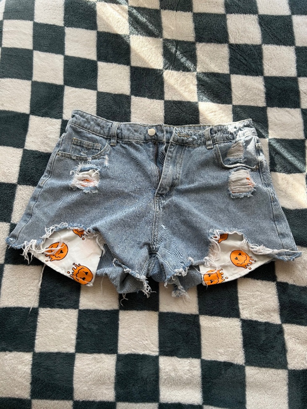 SHEIN Distressed Denim Shorts with Smiley Faces